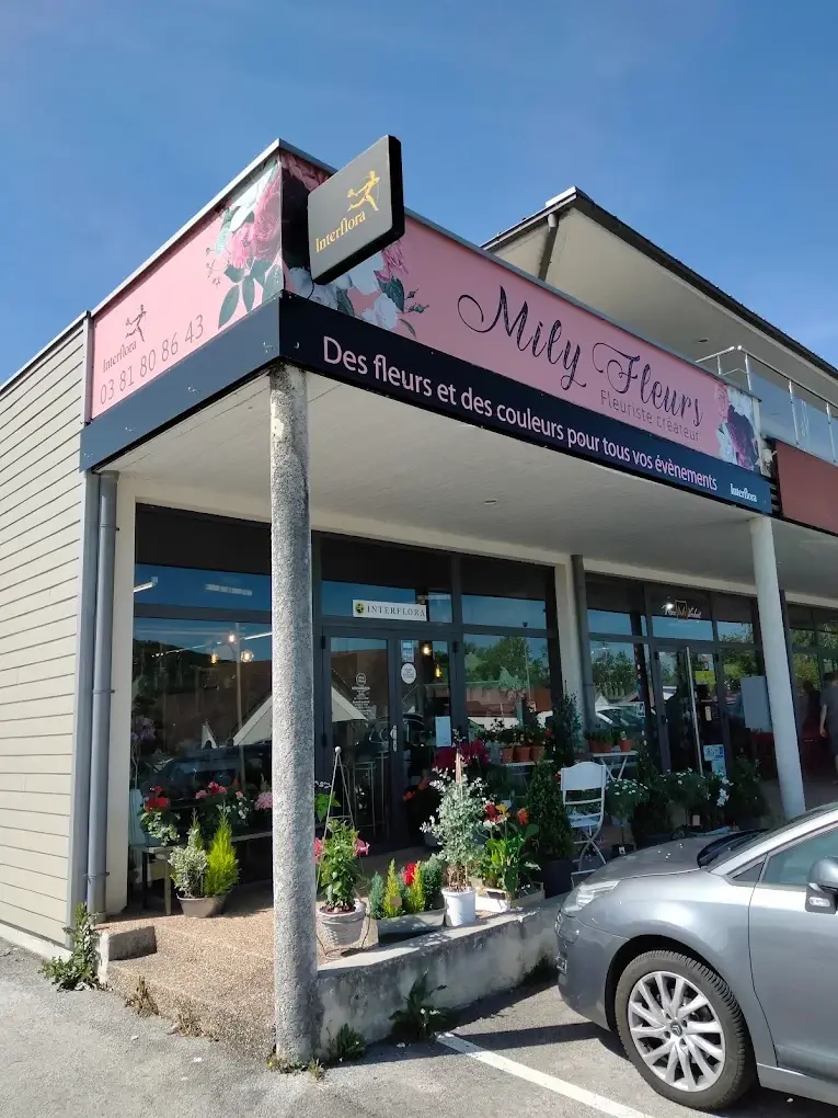 Devanture de Mily Fleurs à Avanne-Aveney : enseigne rose « Mily Fleurs, fleuriste créateur », où se tiennent les rendez-vous mariage